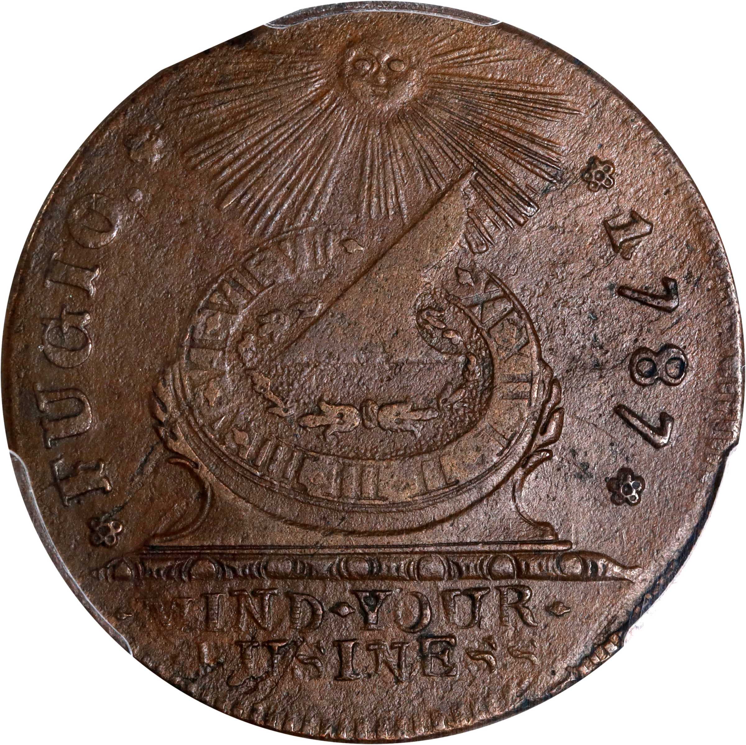 image for: 1787 Fugio Cent. Pointed Rays. Newman 10-G, W-6700. Rarity-5. UNITED STATES, 1/Horizontal 1. AU Details--Environmental Damage (PCGS).