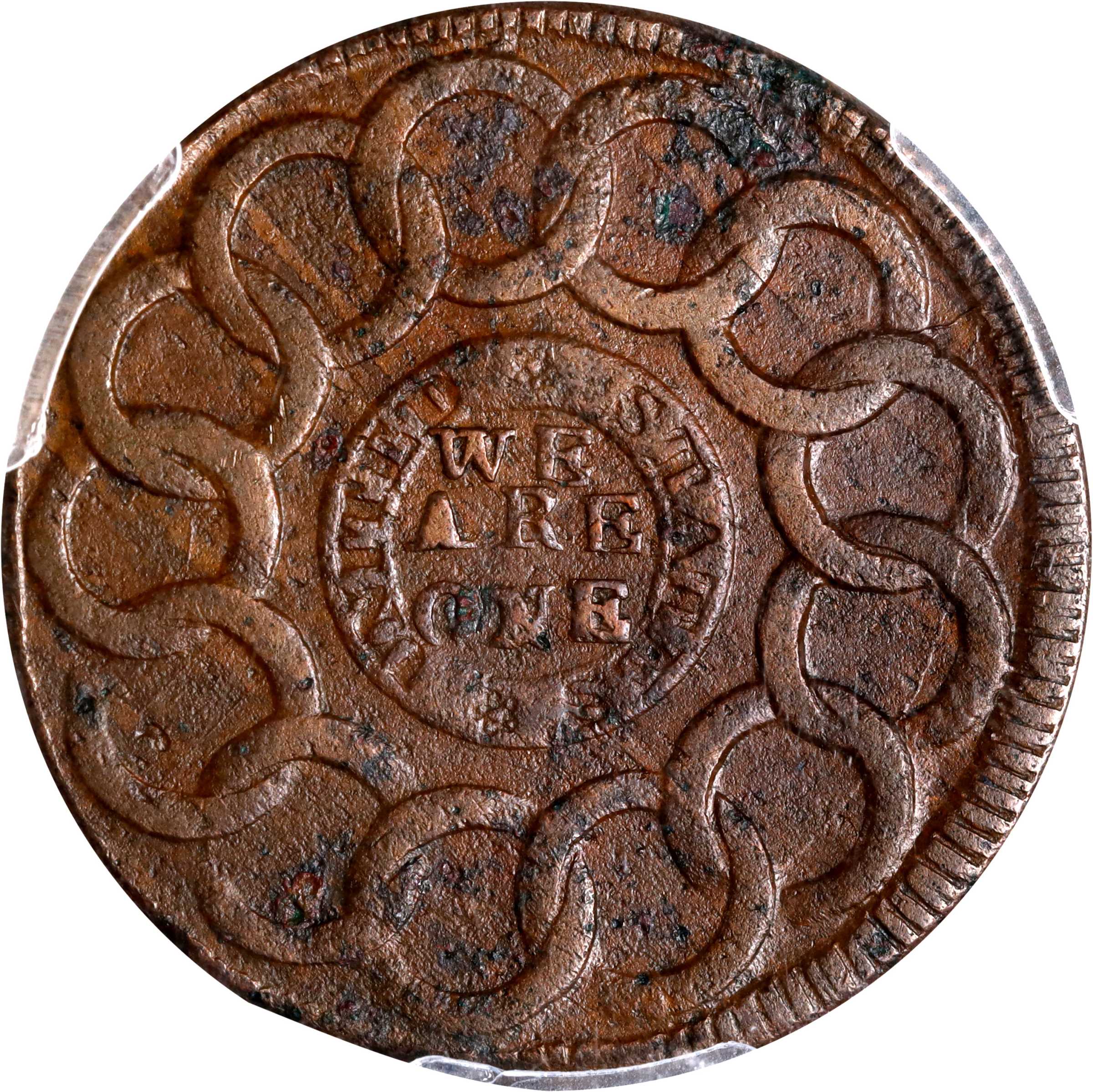 image for: 1787 Fugio Cent. Pointed Rays. Newman 10-G, W-6700. Rarity-5. UNITED STATES, 1/Horizontal 1. AU Details--Environmental Damage (PCGS).