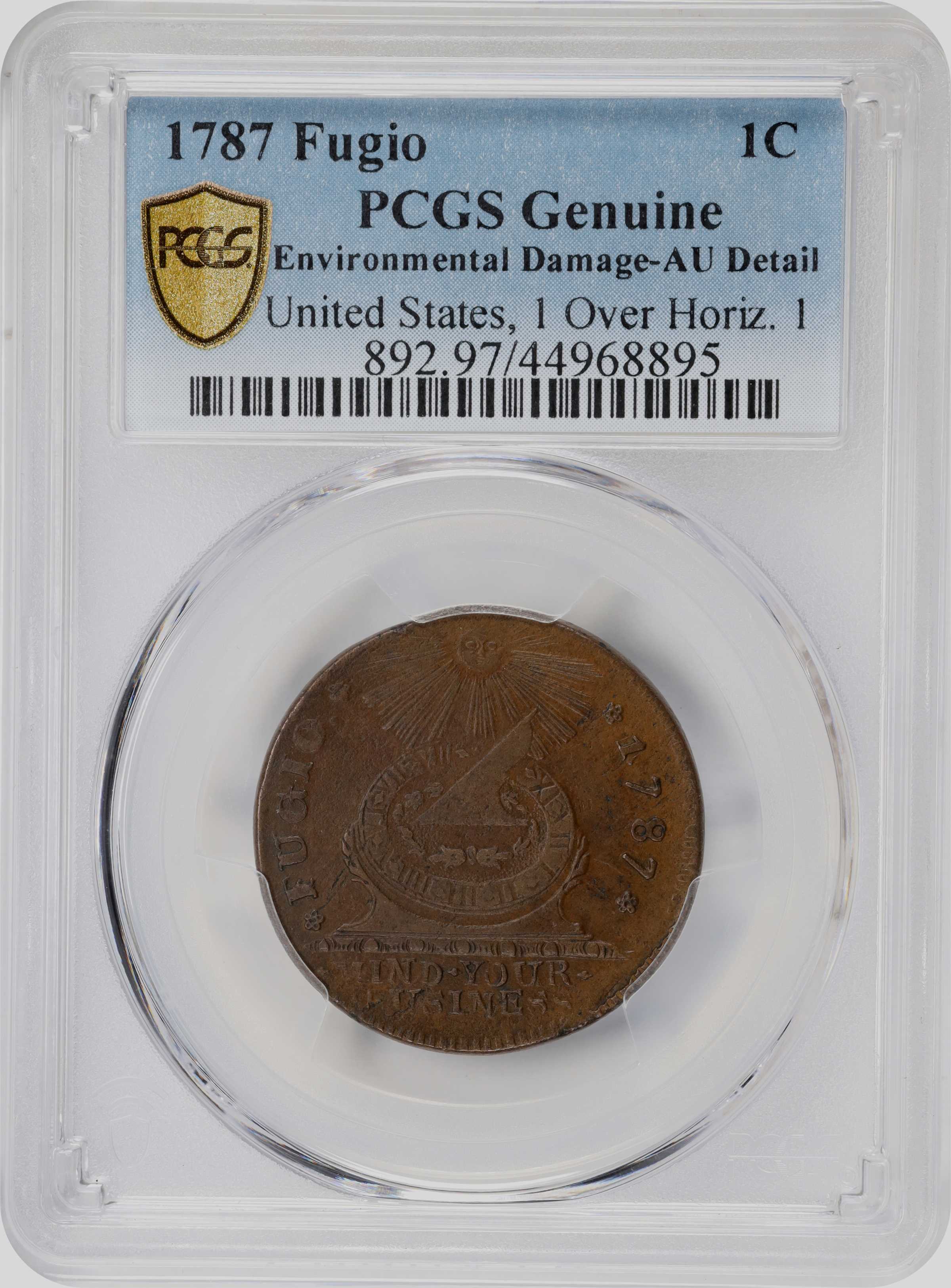 image for: 1787 Fugio Cent. Pointed Rays. Newman 10-G, W-6700. Rarity-5. UNITED STATES, 1/Horizontal 1. AU Details--Environmental Damage (PCGS).