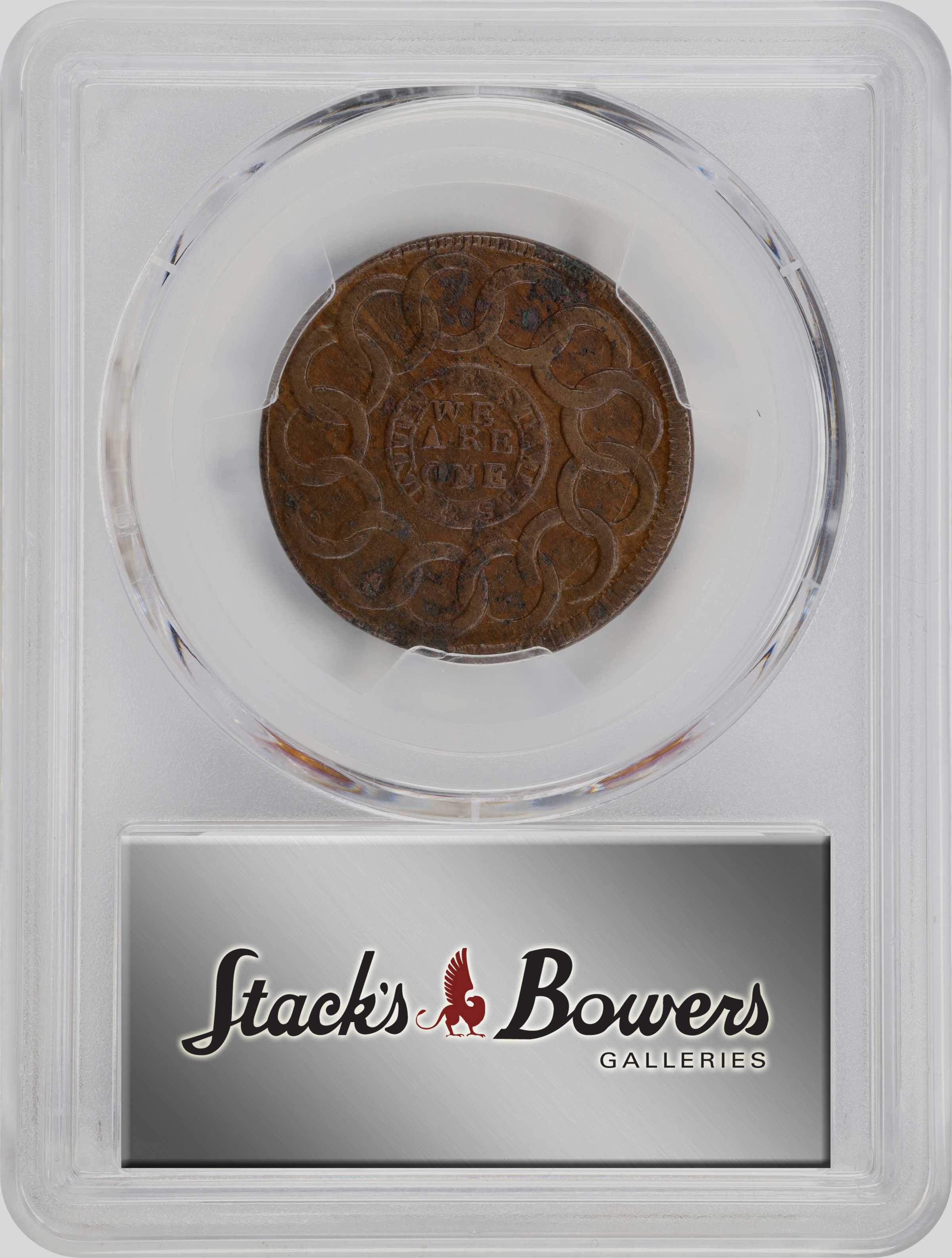 image for: 1787 Fugio Cent. Pointed Rays. Newman 10-G, W-6700. Rarity-5. UNITED STATES, 1/Horizontal 1. AU Details--Environmental Damage (PCGS).