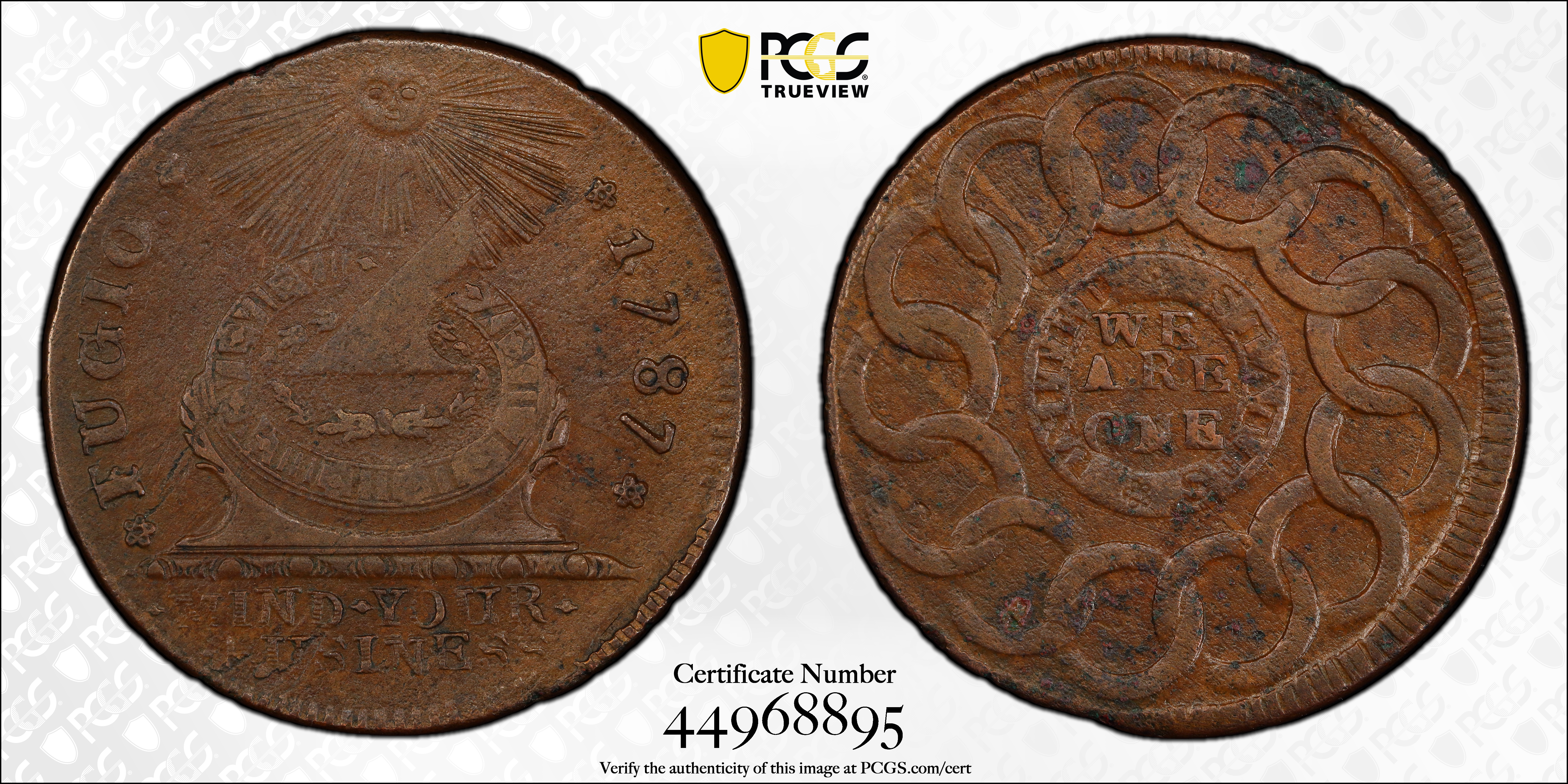 image for: 1787 Fugio Cent. Pointed Rays. Newman 10-G, W-6700. Rarity-5. UNITED STATES, 1/Horizontal 1. AU Details--Environmental Damage (PCGS).