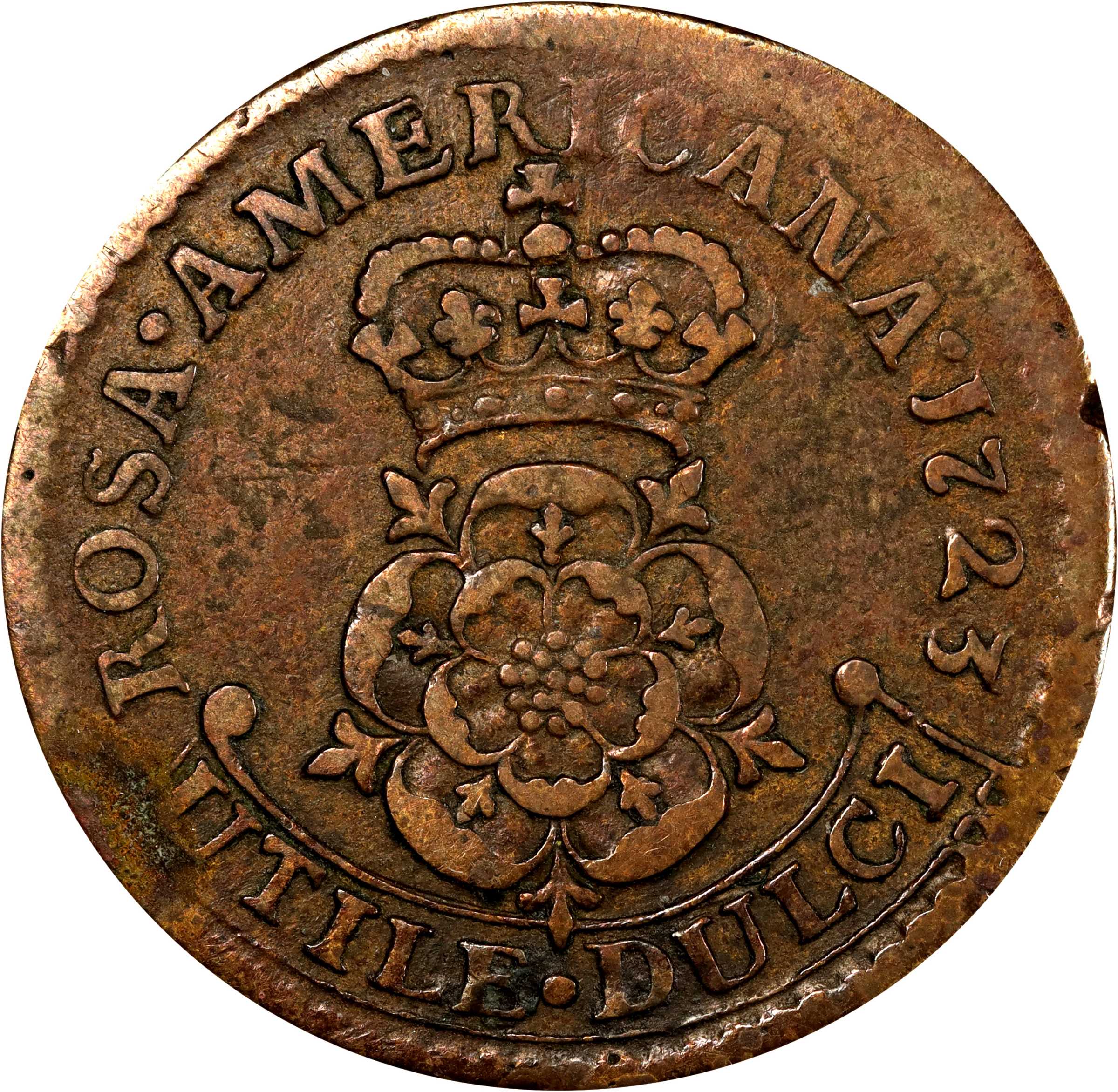 image for: 1723 Rosa Americana Halfpenny. Martin 3.7-F.1, W-1236. Rarity-4. Crowned Rose. Very Fine.