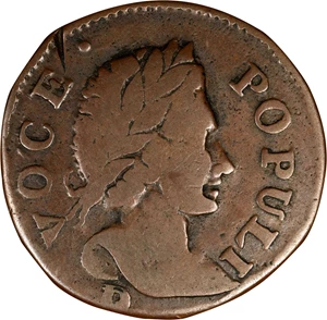 image for: 1760 Voce Populi Halfpenny. Nelson-13, W-13960. Rarity-4. P Below Bust. Fine, Obverse Cut.