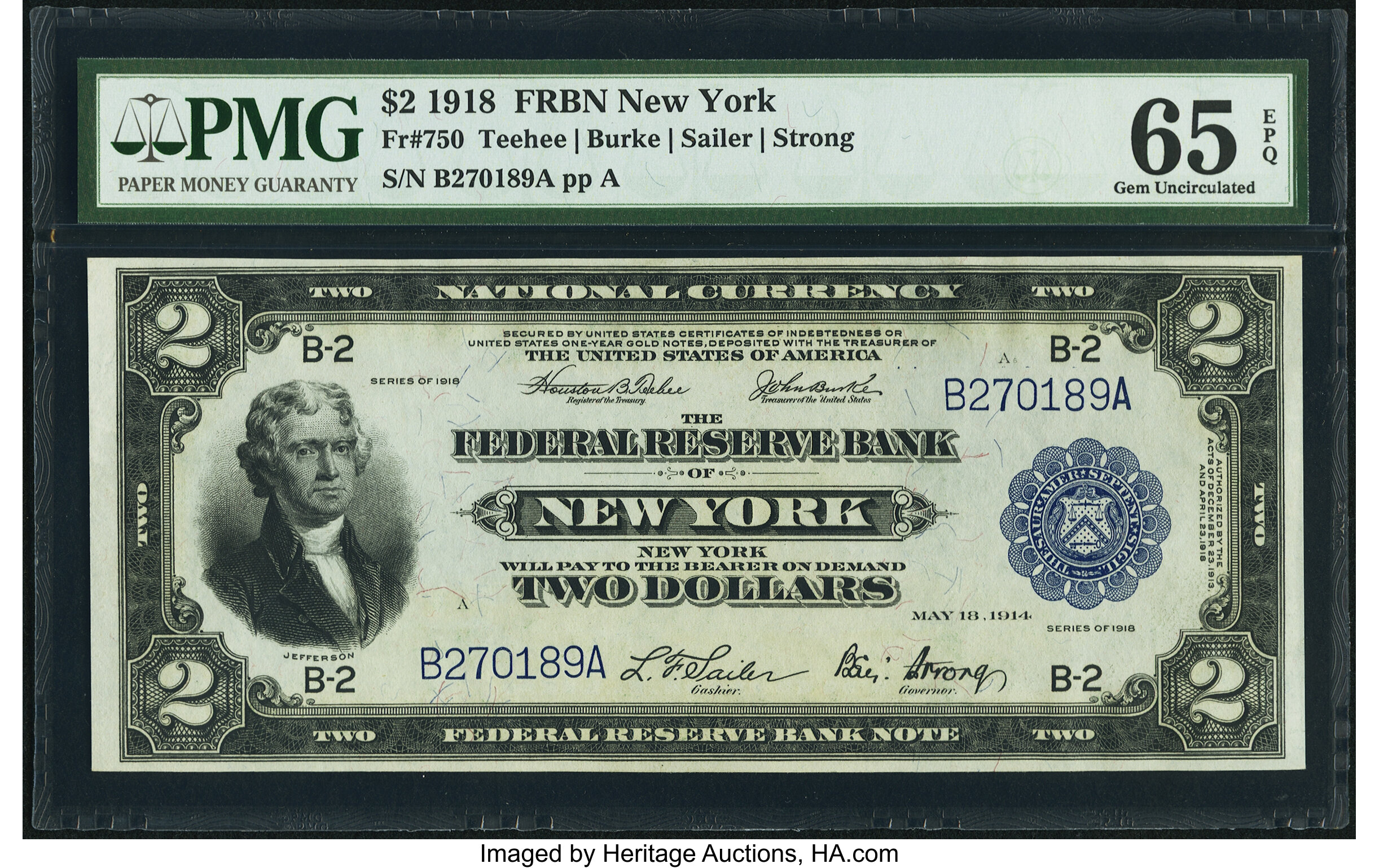 image for: Fr. 750 $2 1918 Federal Reserve Bank Note PMG Gem Uncirculated 65 EPQ....