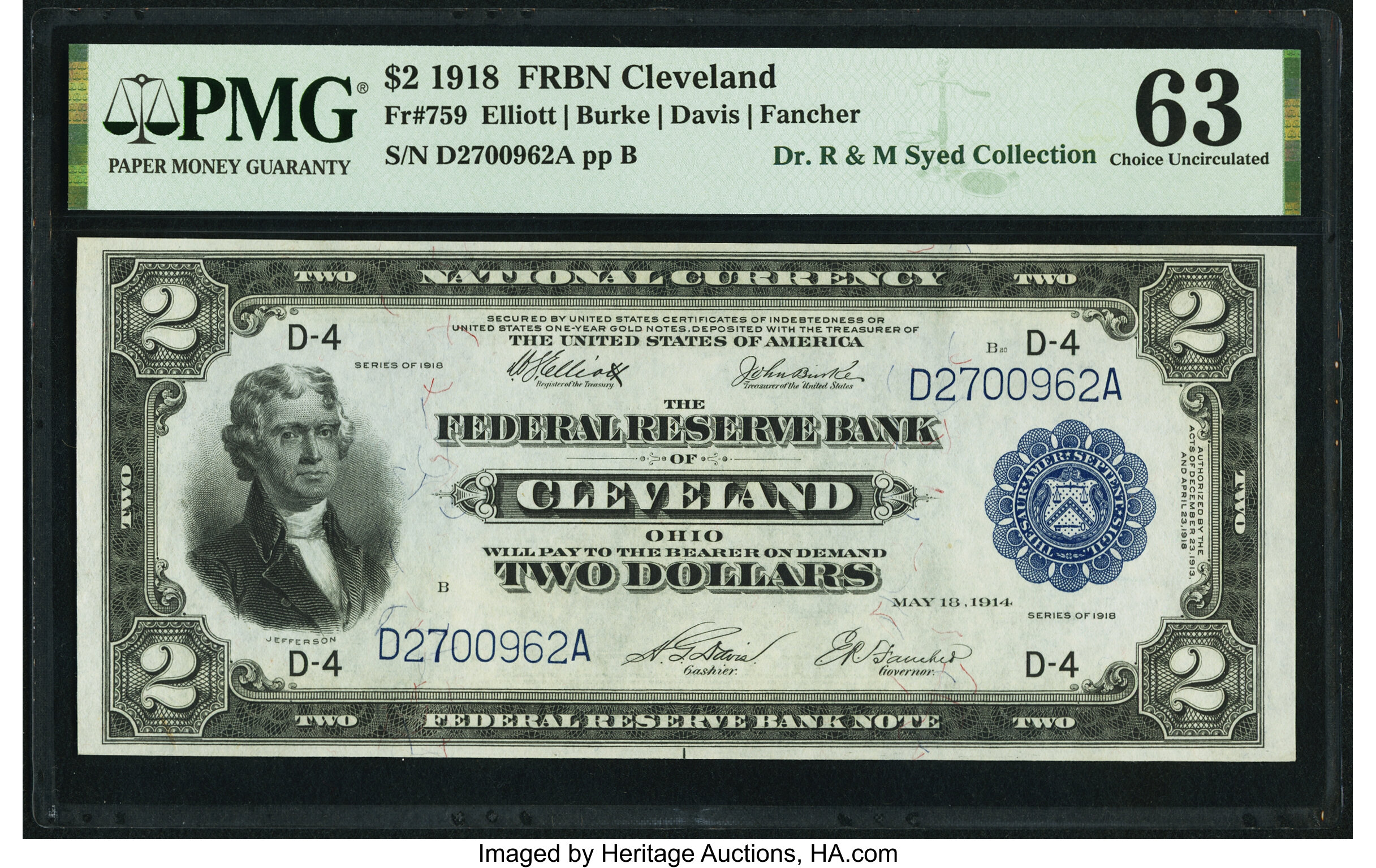 image for: Fr. 759 $2 1918 Federal Reserve Bank Note PMG Choice Uncirculated 63....
