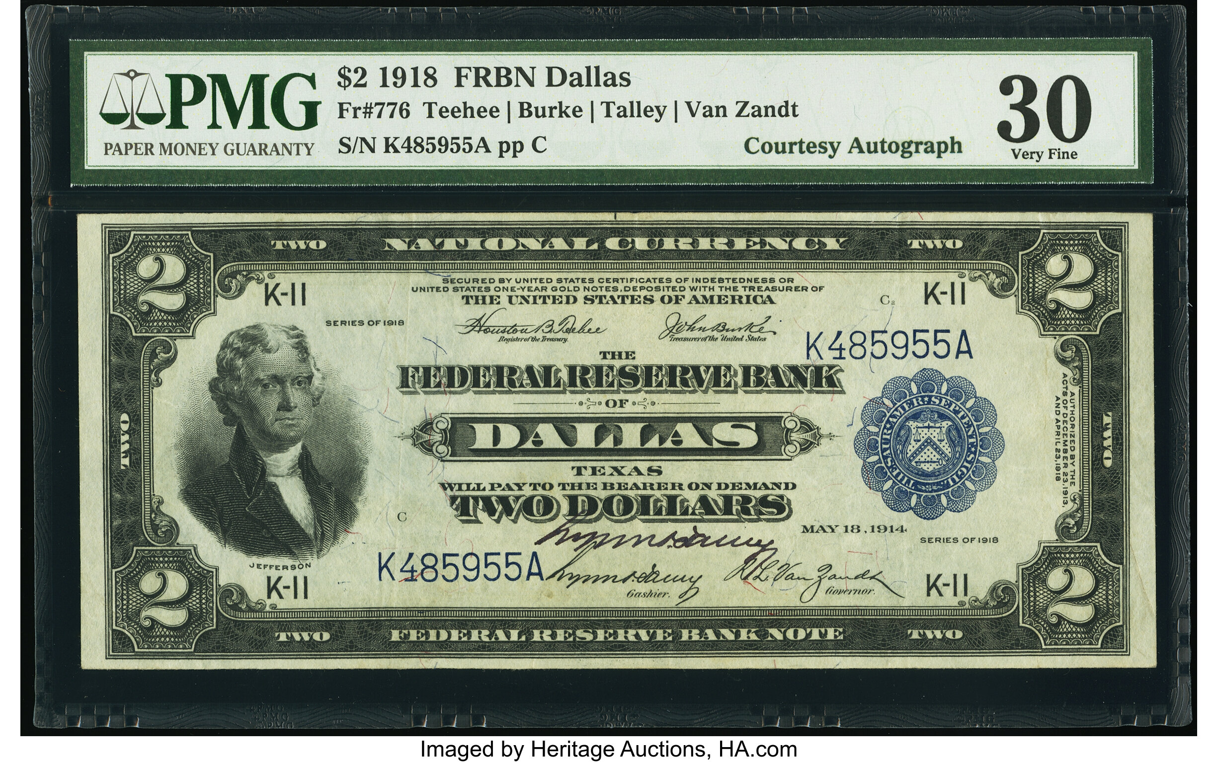 image for: Courtesy Autographed Fr. 776 $2 1918 Federal Reserve Bank Note PMG Very Fine 30....
