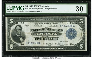 image for: Fr. 792 $5 1918 Federal Reserve Bank Note PMG Very Fine 30....