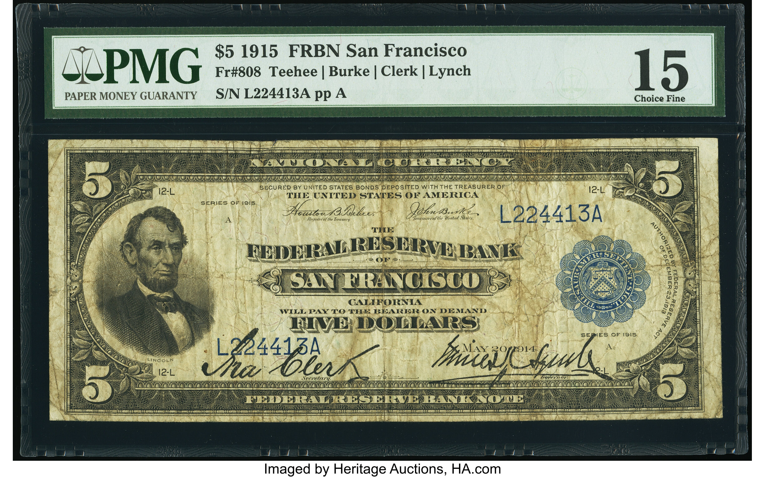 image for: Fr. 808 $5 1915 Federal Reserve Bank Note PMG Choice Fine 15....
