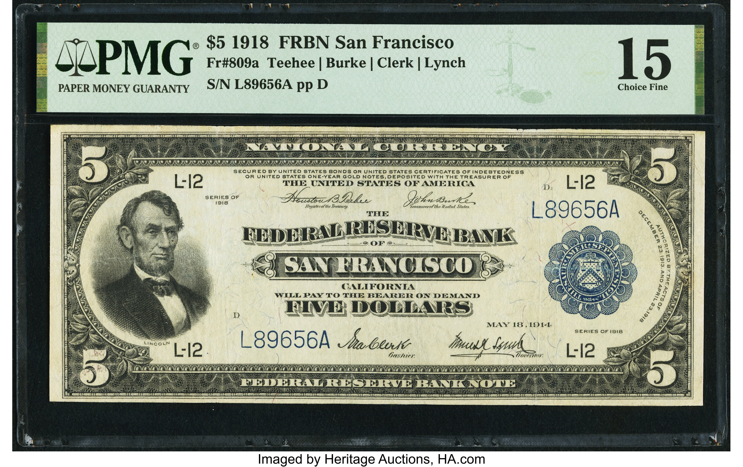 image for: Fr. 809a $5 1918 Federal Reserve Bank Note PMG Choice Fine 15....