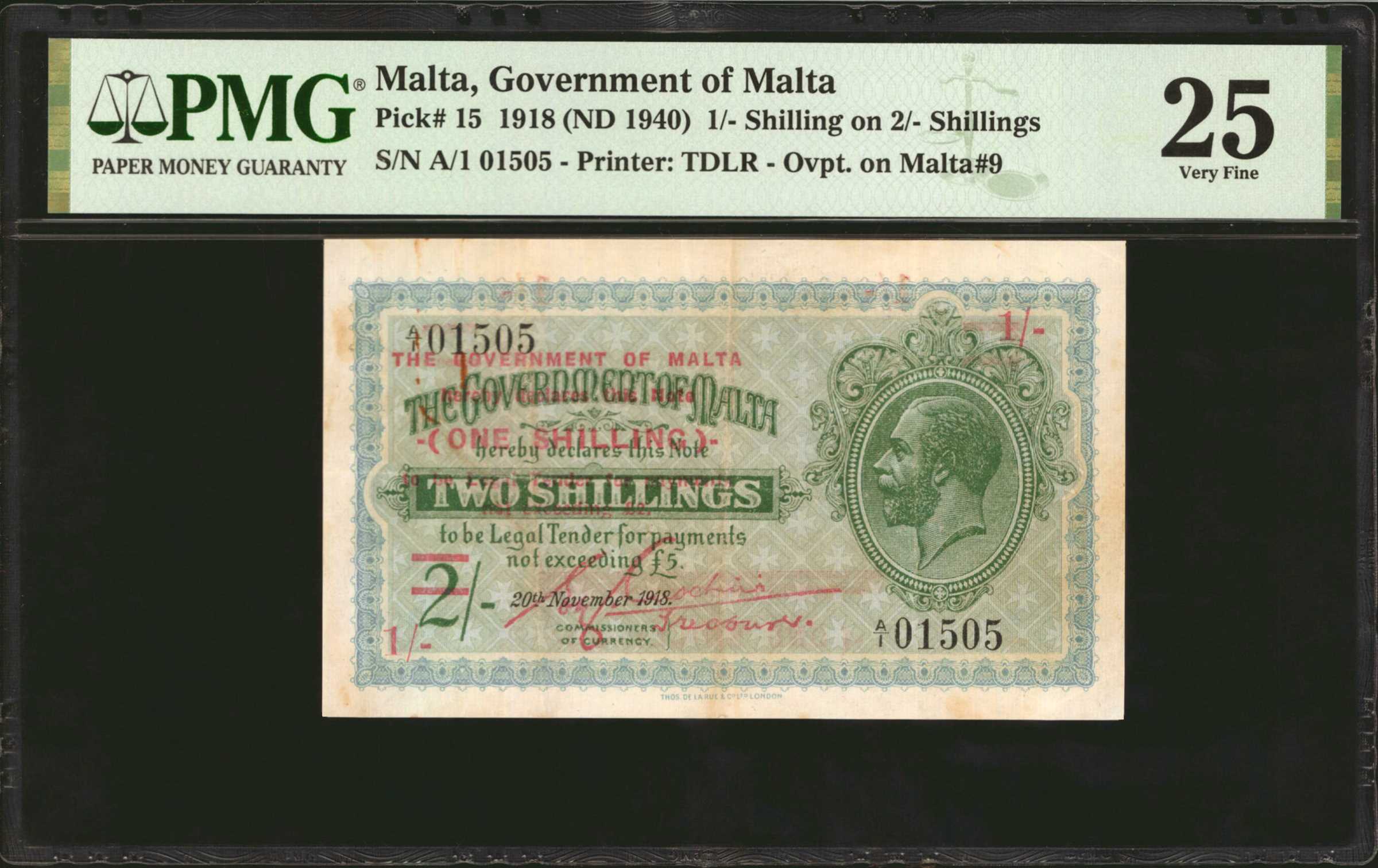 image for: Malta  1 shilling on 2 shillings (B114a)