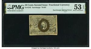 image for: Surcharge Inking Error Fr. 1245 10¢ Second Issue PMG About Uncirculated 53 EPQ....