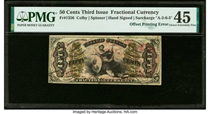 image for: Face Back to Face Offset Error Fr. 1356 50¢ Third Issue Justice PMG Choice Extremely Fine 45....