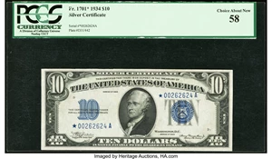 image for: Fr. 1701* $10 1934 Silver Certificate Star. PCGS Choice About New 58....