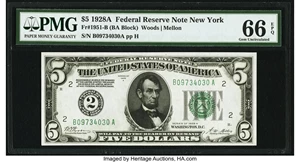 image for: Fr. 1951-B $5 1928A Federal Reserve Note. PMG Gem Uncirculated 66 EPQ....