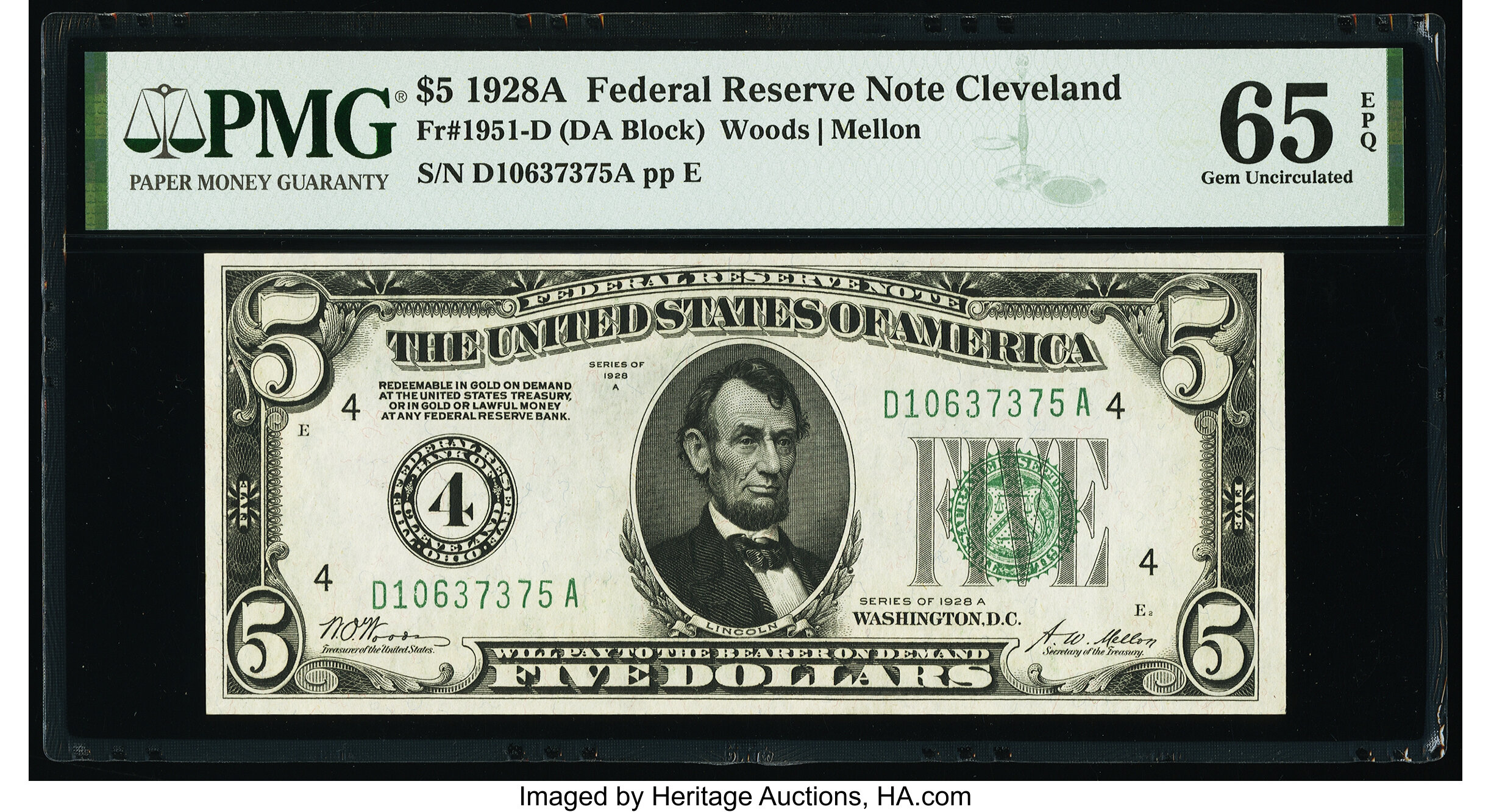 image for: Fr. 1951-D $5 1928A Federal Reserve Note. PMG Gem Uncirculated 65 EPQ....