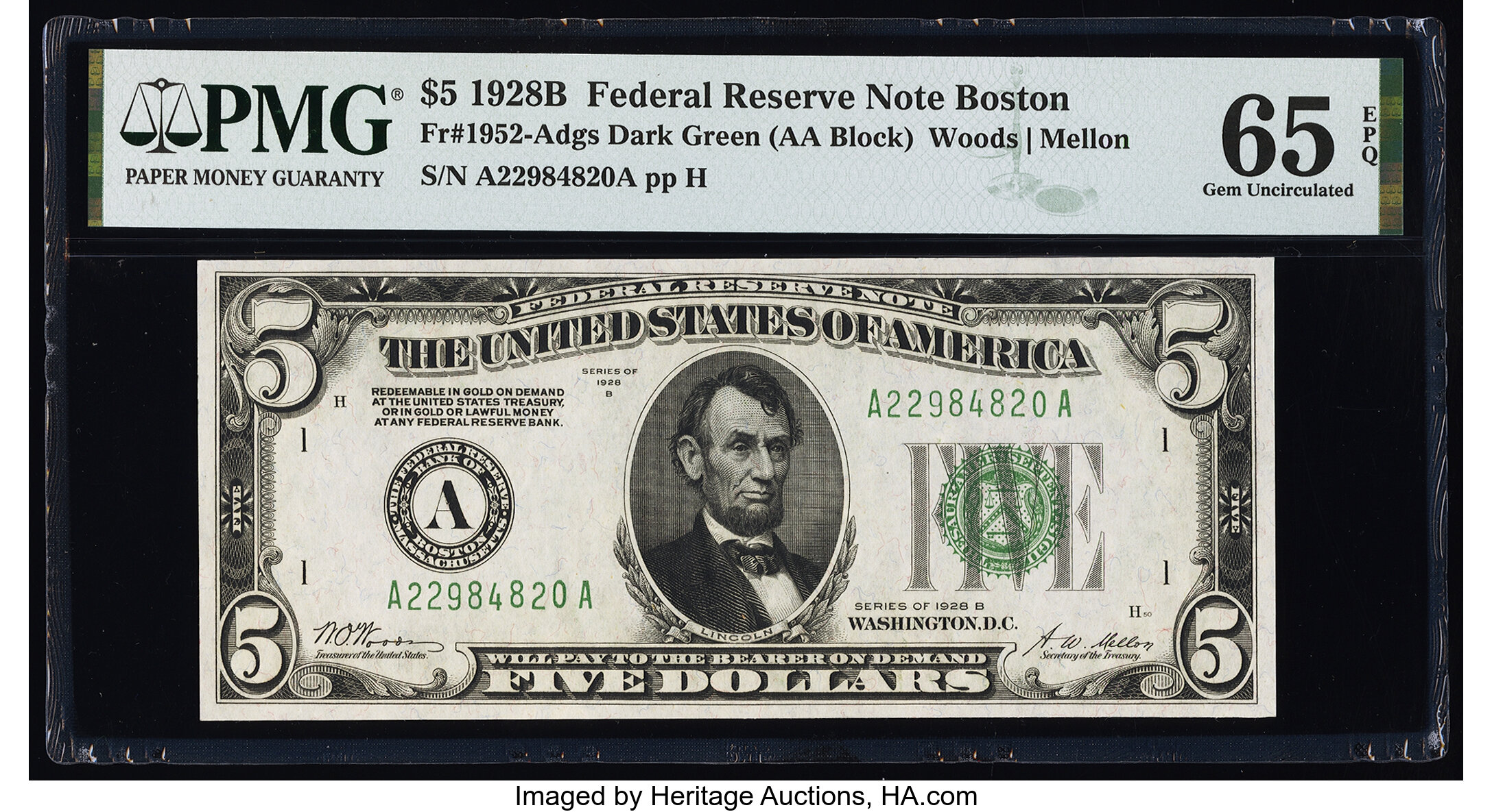 image for: Fr. 1952-A $5 1928B Federal Reserve Note. PMG Gem Uncirculated 65 EPQ....