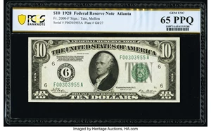 image for: Fr. 2000-F $10 1928 Federal Reserve Note. PCGS Banknote Gem Unc 65 PPQ....
