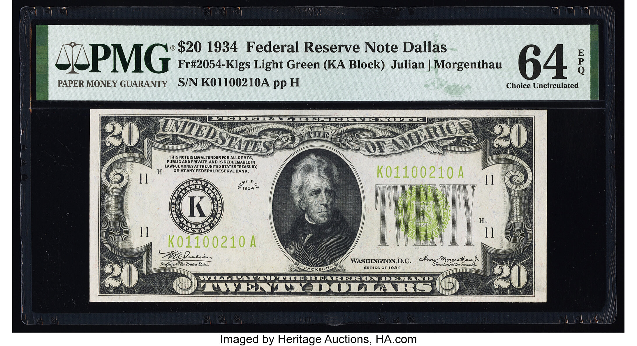 image for: Fr. 2054-K $20 1934 Federal Reserve Note. PMG Choice Uncirculated 64 EPQ....