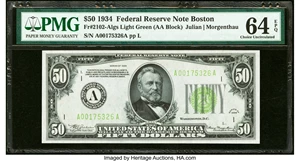 image for: Fr. 2102-A $50 1934 Light Green Seal Federal Reserve Note. PMG Choice Uncirculated 64 EPQ....