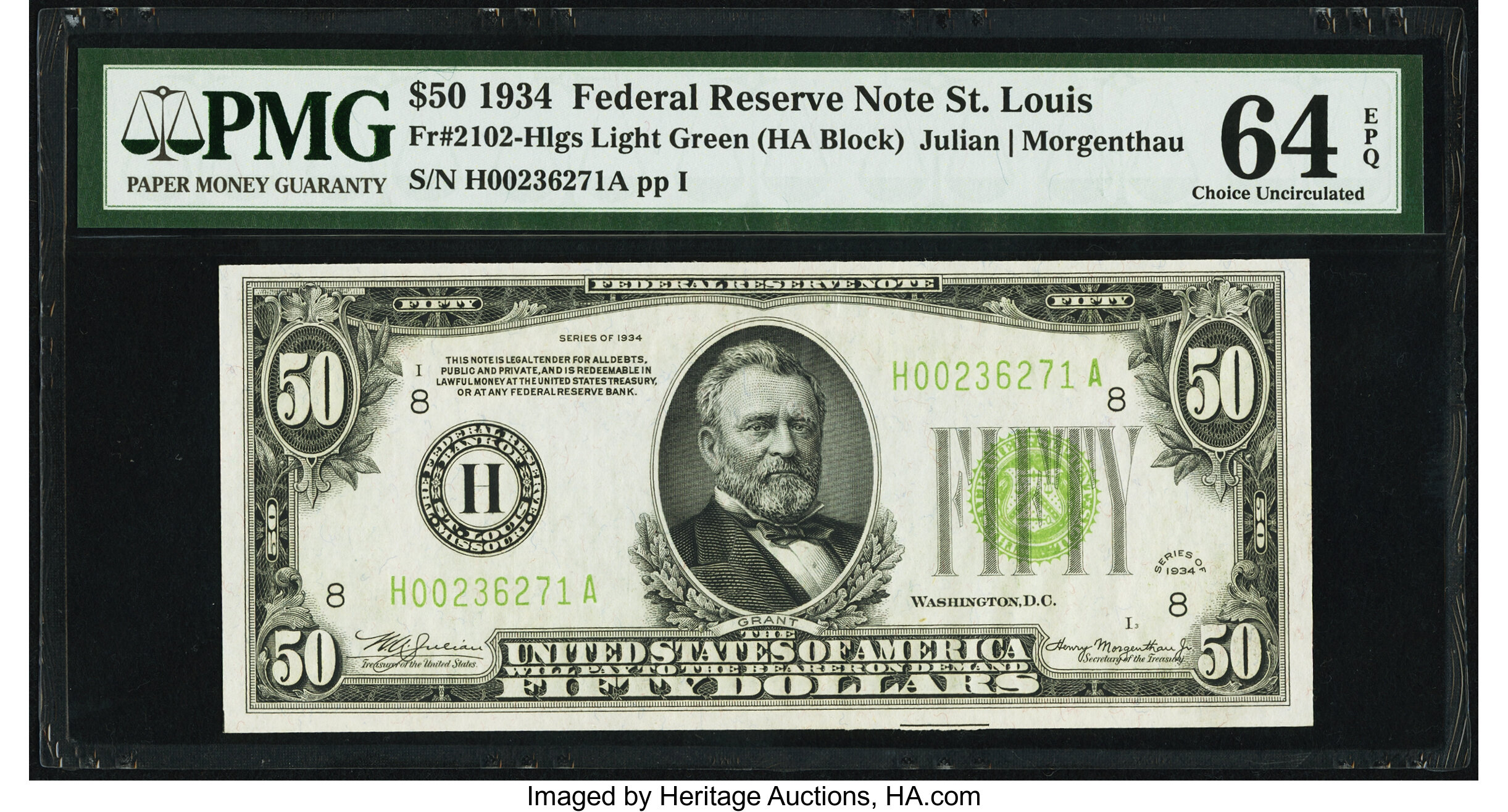 image for: Fr. 2102-H $50 1934 Light Green Seal Federal Reserve Note. PMG Choice Uncirculated 64 EPQ....