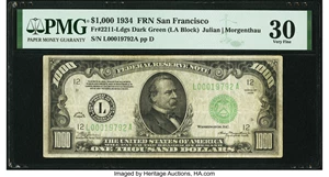 image for: Fr. 2211-L $1,000 1934 Federal Reserve Note. PMG Very Fine 30....