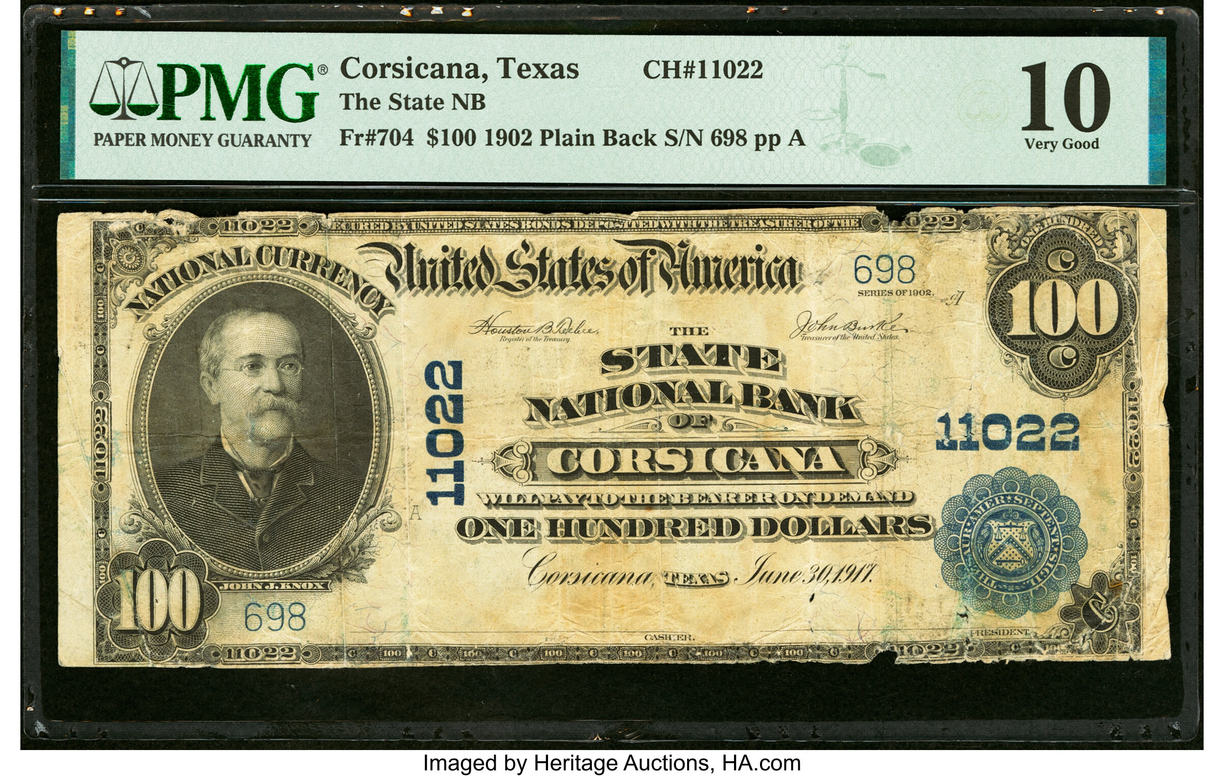 image for: Corsicana, TX - $100 1902 Plain Back Fr. 704 The State National Bank Ch. # 11022 PMG Very Good 10....
