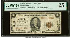 image for: Dallas, TX - $100 1929 Ty. 2 Republic National Bank & Trust Company Ch. # 12186 PMG Very Fine 25....
