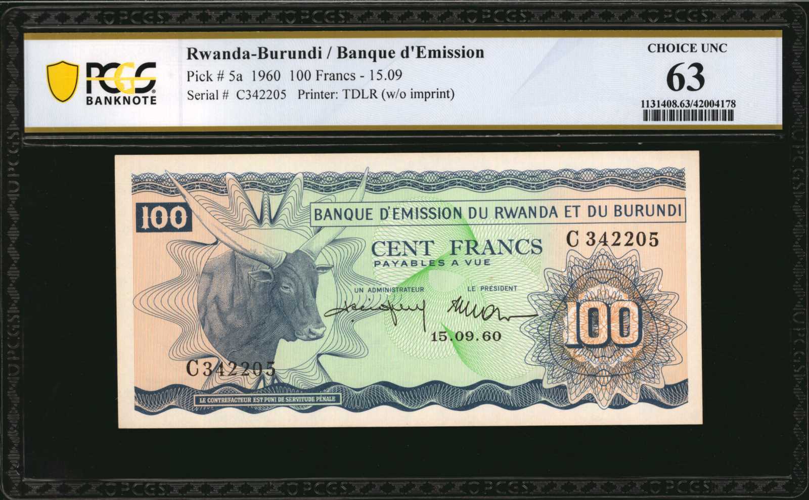 image for: Rwanda and Burundi  100 francs(B105a)