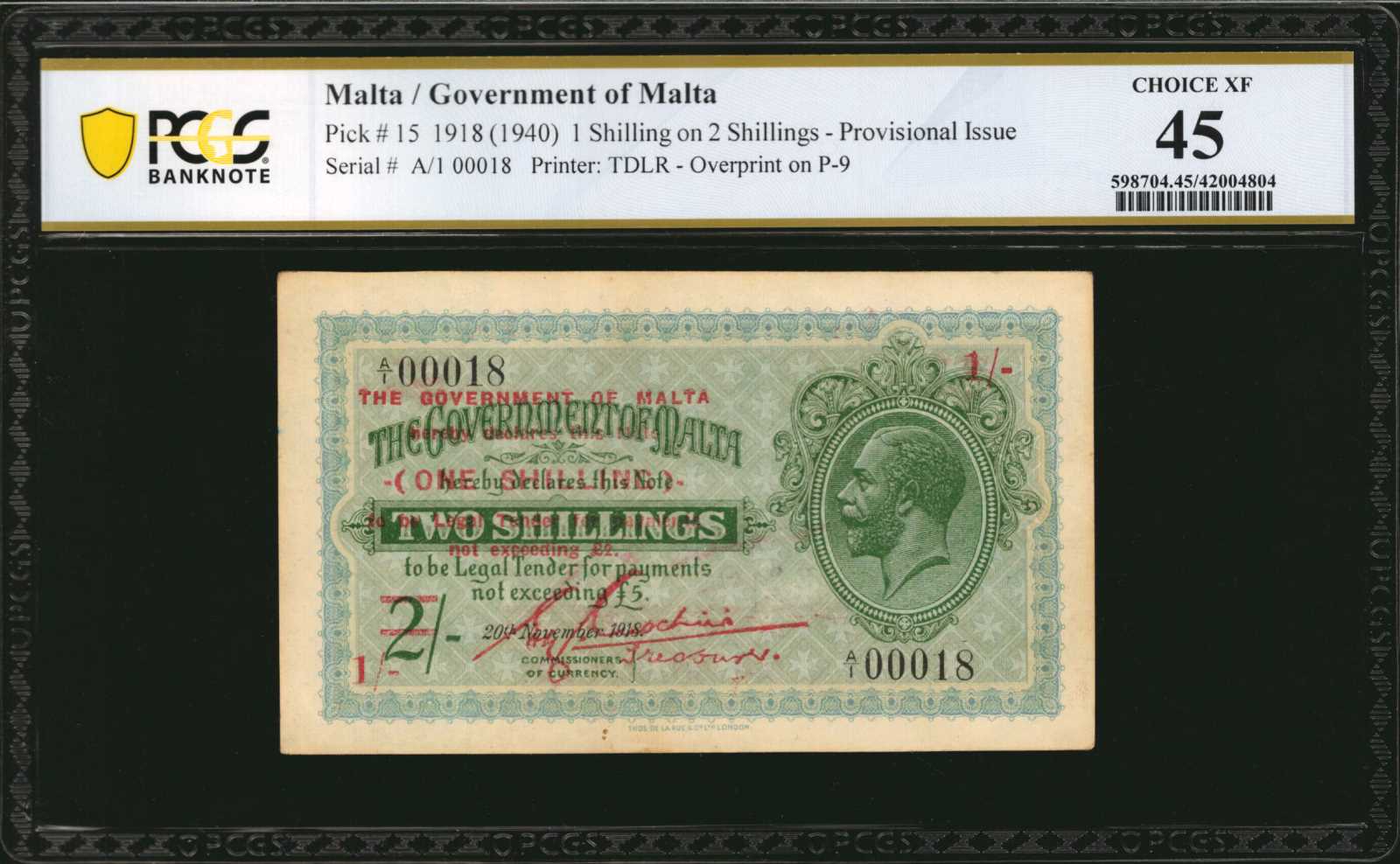 image for: Malta  1 shilling on 2 shillings (B114a)