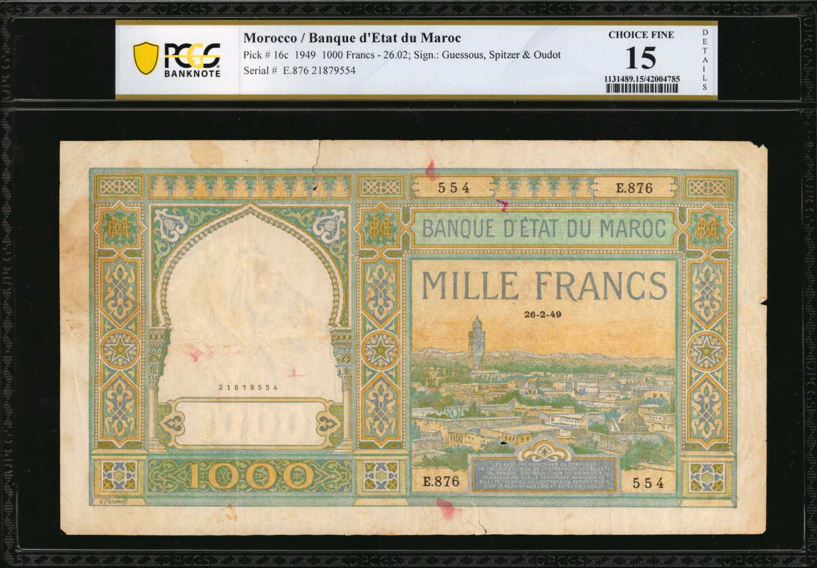 image for: Morocco  1,000 francs	VG	VF	XF(B216a)