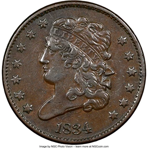 image for: 1834 1/2 C C-1, B-1, R.1, AU55 NGC. NGC Census: (84/429). PCGS Population: (2/16). CDN: $215 Whsle. Bid for NGC/PCGS AU55. ...