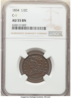 image for: 1834 1/2 C C-1, B-1, R.1, AU55 NGC. NGC Census: (84/429). PCGS Population: (2/16). CDN: $215 Whsle. Bid for NGC/PCGS AU55. ...