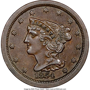 image for: 1854 1/2 C C-1, B-1, R.1, AU58 NGC. NGC Census: (82/563). PCGS Population: (1/16). CDN: $150 Whsle. Bid for NGC/PCGS AU58. ...