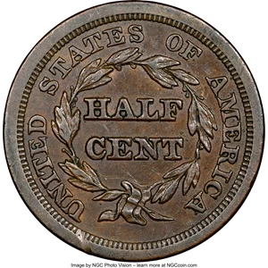 image for: 1854 1/2 C C-1, B-1, R.1, AU58 NGC. NGC Census: (82/563). PCGS Population: (1/16). CDN: $150 Whsle. Bid for NGC/PCGS AU58. ...