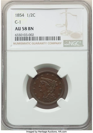 image for: 1854 1/2 C C-1, B-1, R.1, AU58 NGC. NGC Census: (82/563). PCGS Population: (1/16). CDN: $150 Whsle. Bid for NGC/PCGS AU58. ...