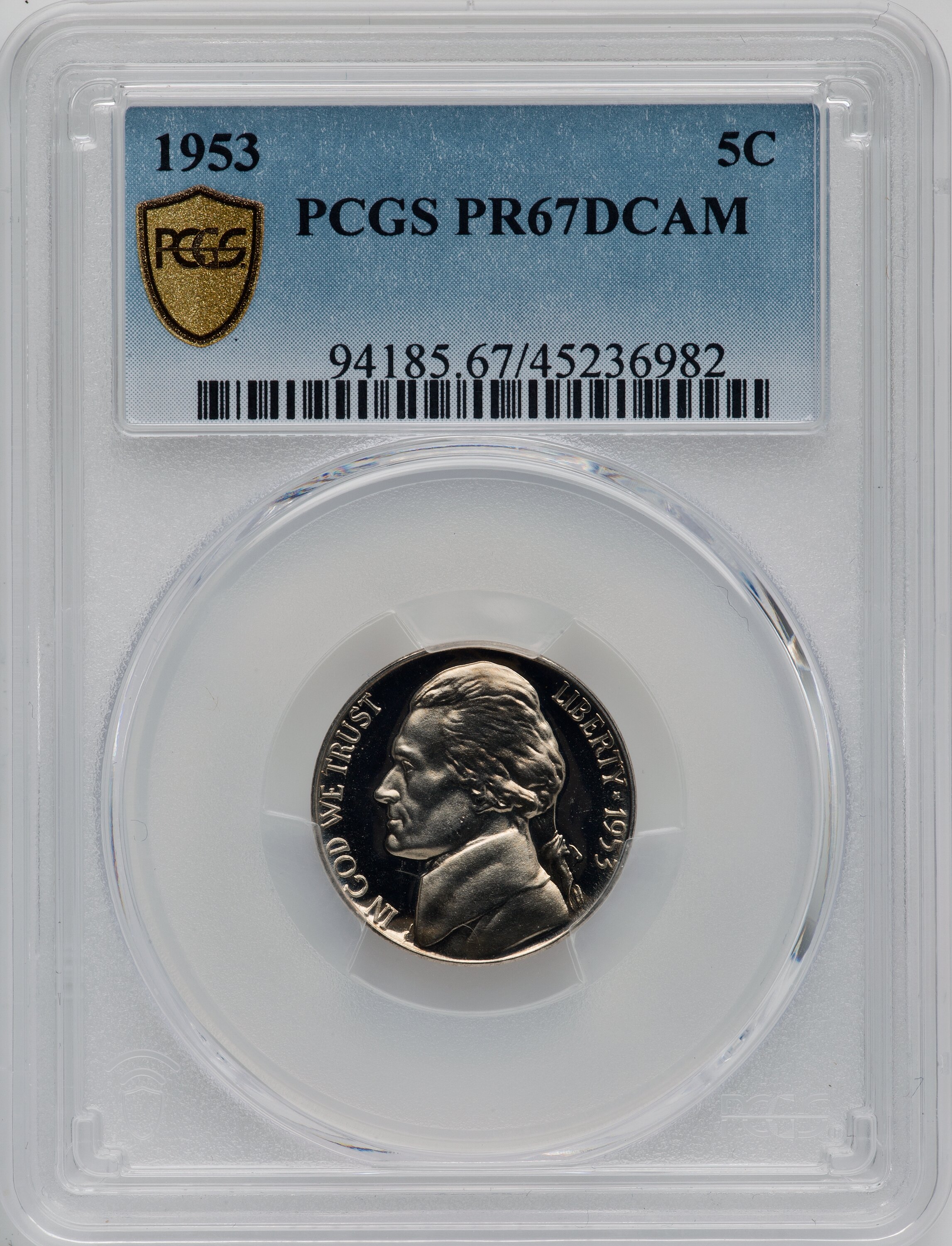 image for: 1953 5C PR67 Deep Cameo PCGS. PCGS Population: (9/9). NGC Census: (2/10). PR67. ...