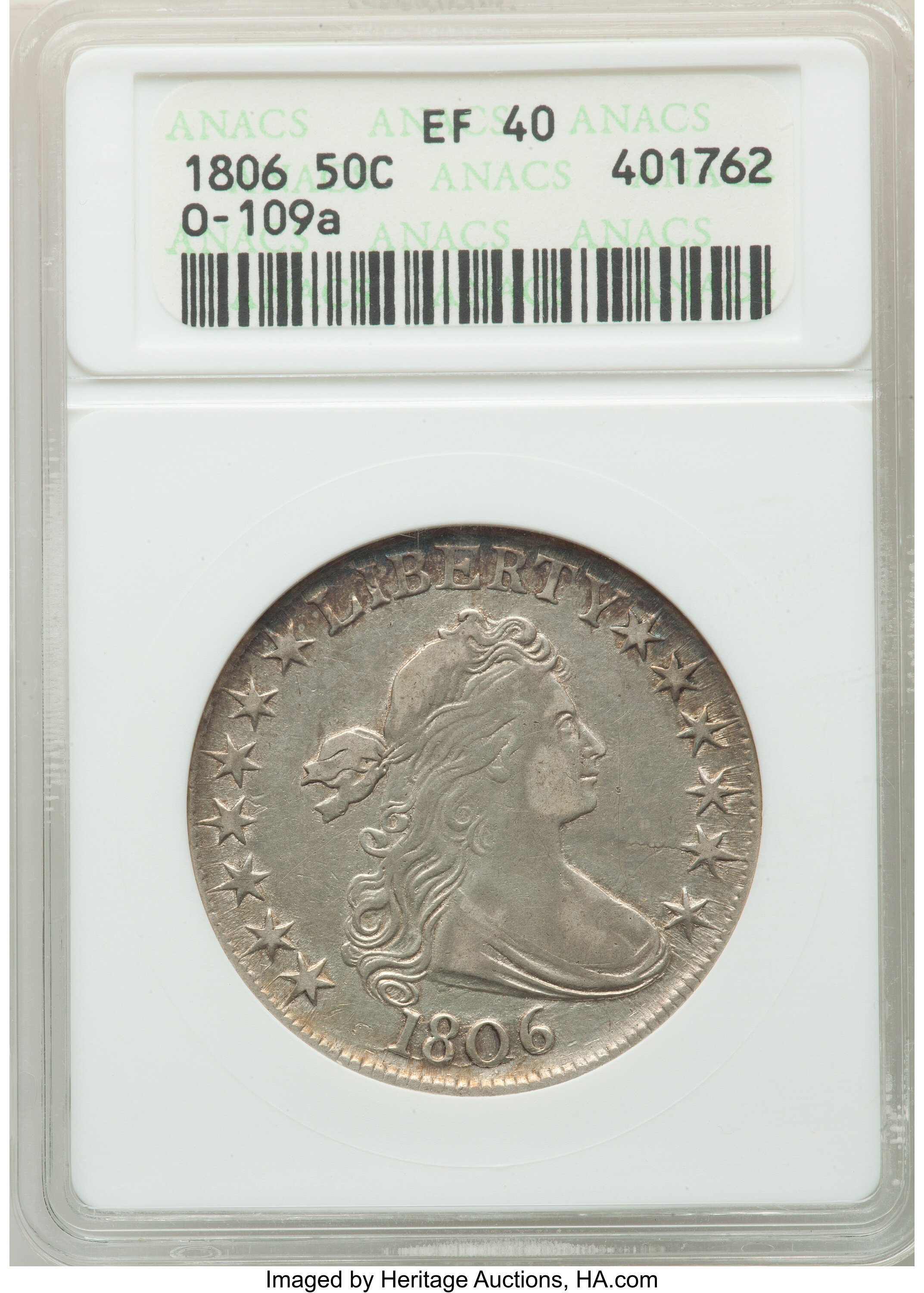 image for: 1806 50C Pointed 6, No Stem, O-109a, T-15, R.3, XF40 ANACS.  ...