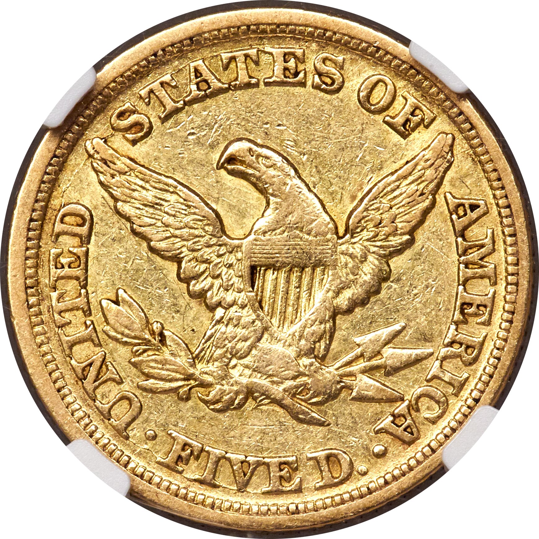 image for: 1851-D $5 Weak D AU50 NGC. NGC Census: (0/0). PCGS Population: (1/2). CDN: $1,760 Whsle. Bid for NGC/PCGS AU50. ...