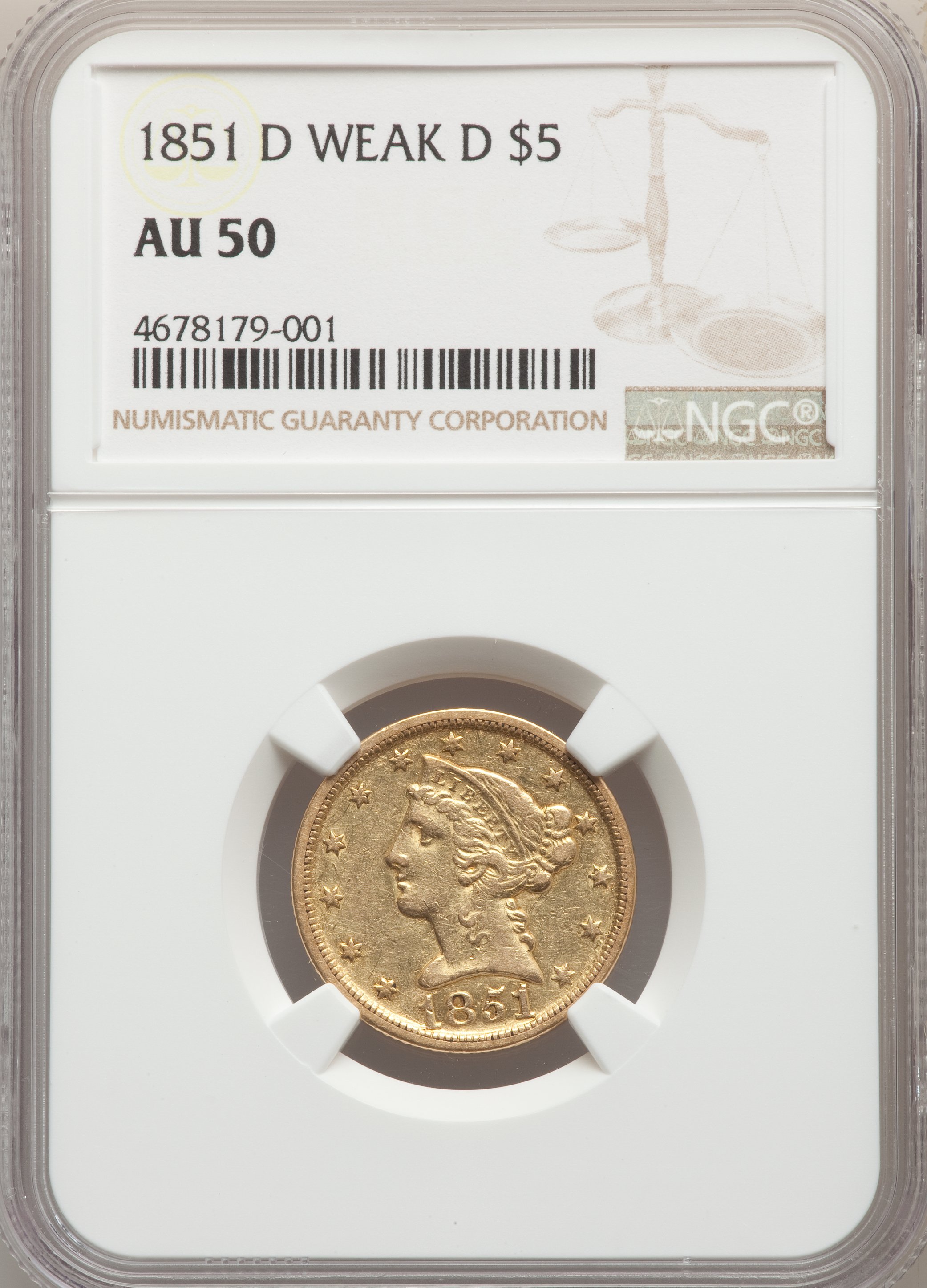 image for: 1851-D $5 Weak D AU50 NGC. NGC Census: (0/0). PCGS Population: (1/2). CDN: $1,760 Whsle. Bid for NGC/PCGS AU50. ...