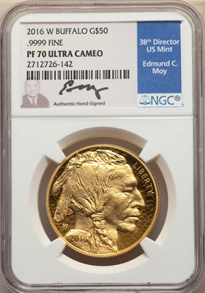 image for: 2016-W $50 One-Ounce Gold Buffalo, 10th Anniversary, Moy Signature, PR70 Ultra Cameo NGC. .9999 Fine Gold. NGC Census: (225...