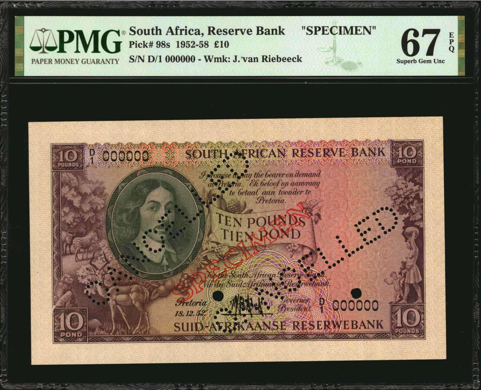  Diagonal red hollow SPECIMEN ovpt front/back; two diagonal CANCELLED perfs; all-zero s/n 