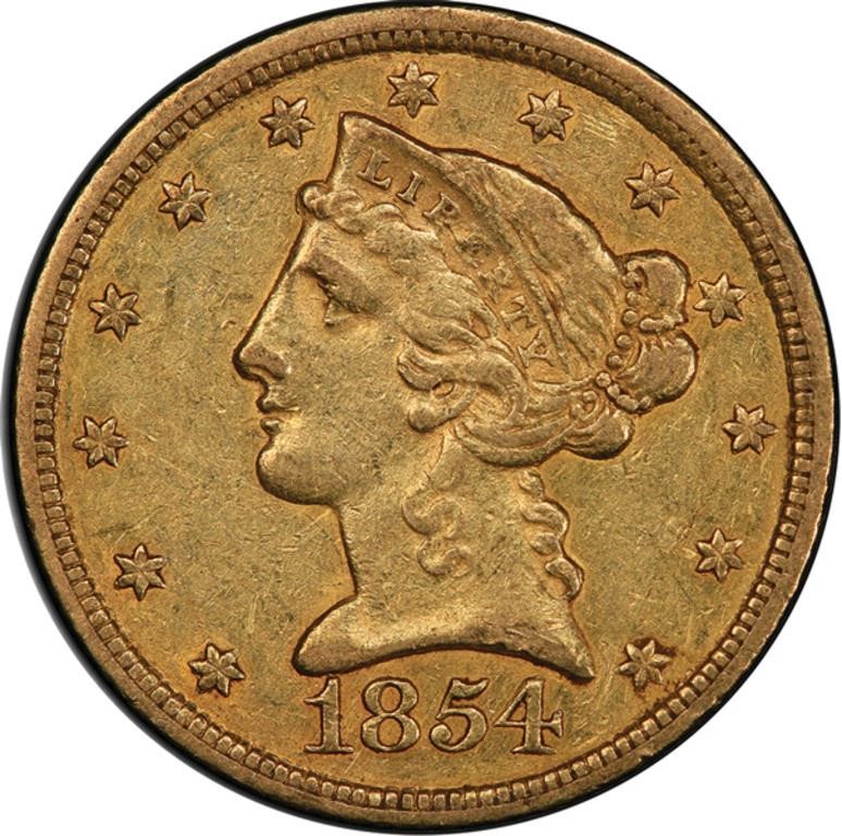 image for: $5 1854-C WEAK C PCGS XF45 CAC