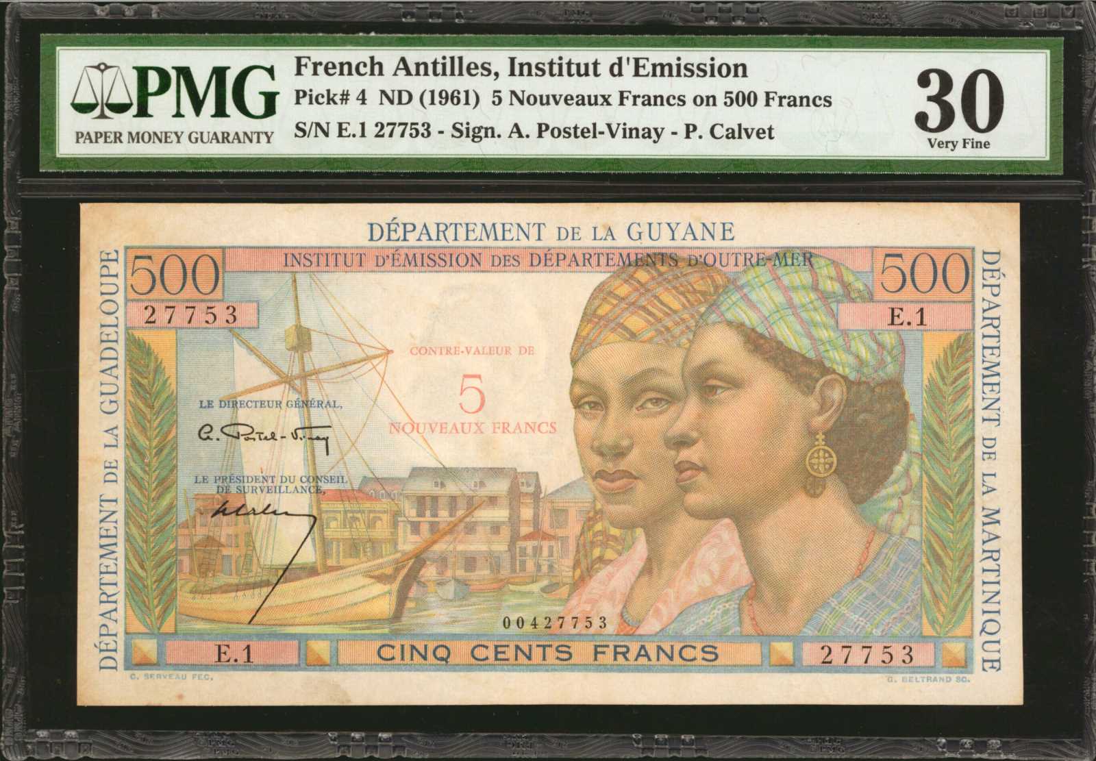 image for: French Antilles  5 nouveaux francs on 500 francs (B104a)