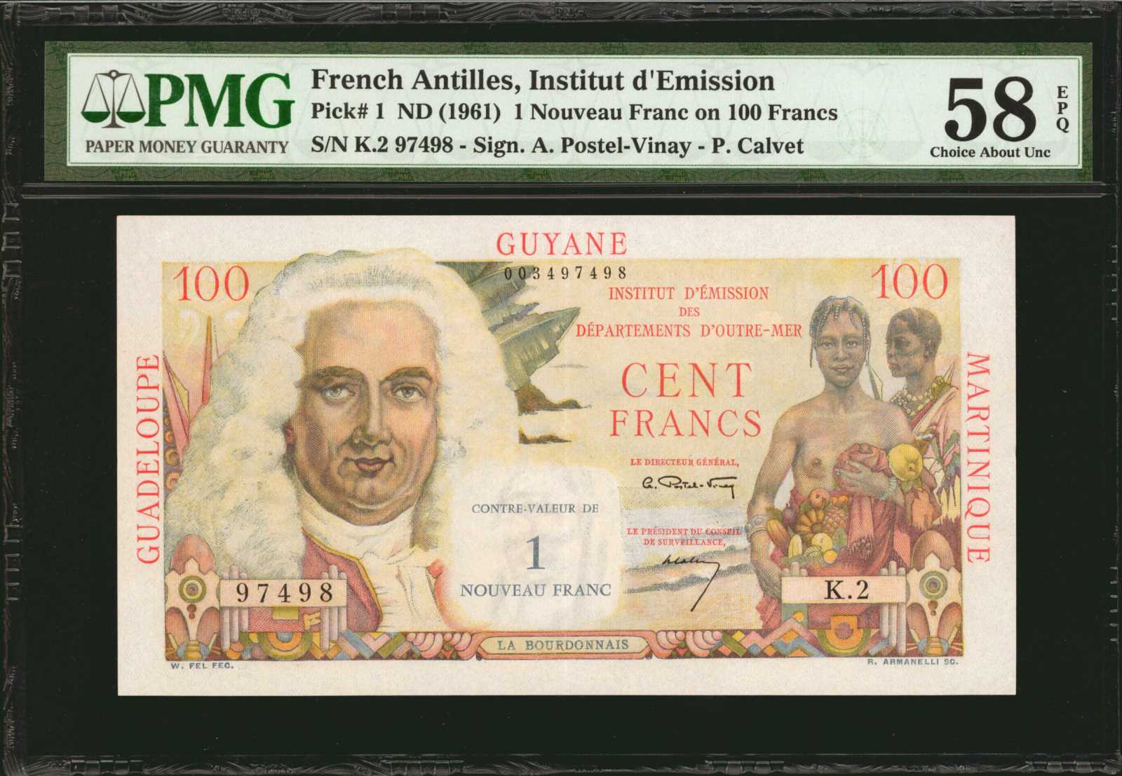 image for: French Antilles  1 nouveau franc on 100 francs (B101as2)