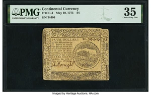 image for: Continental Currency May 10, 1775 $4 PMG Choice Very Fine 35....