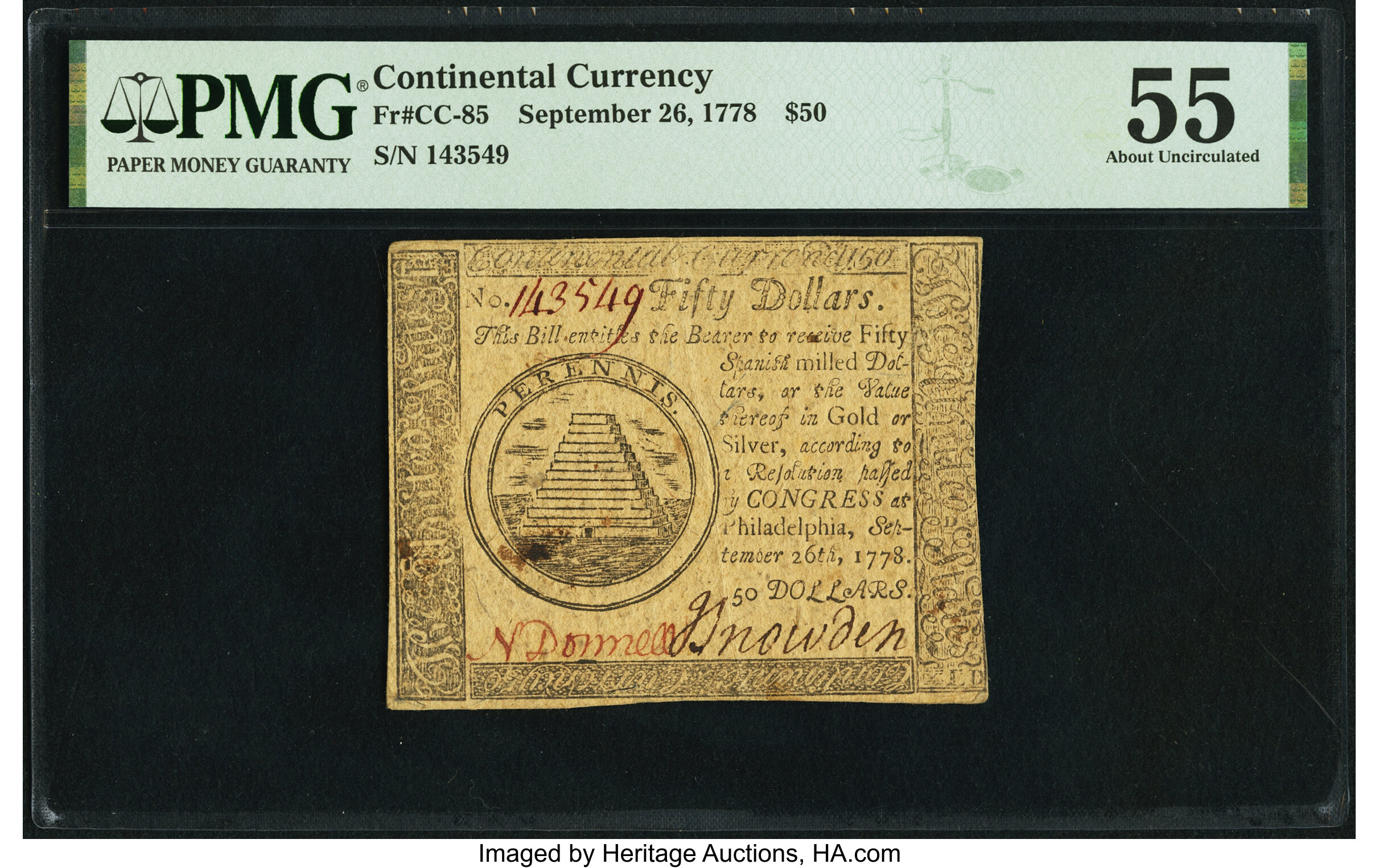 image for: Continental Currency September 26, 1778 $50 PMG About Uncirculated 55....