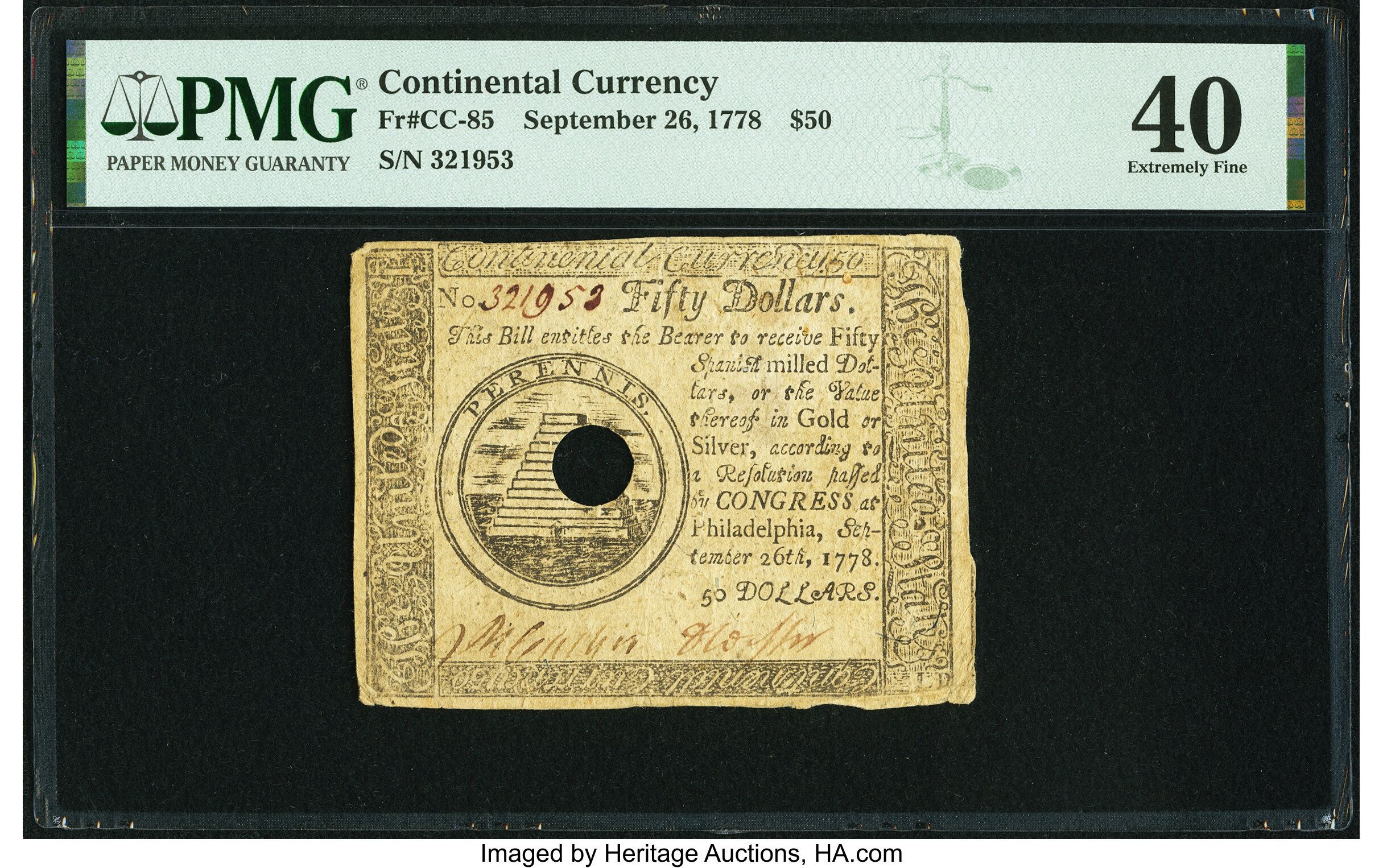 image for: Continental Currency September 26, 1778 $50 PMG Extremely Fine 40....