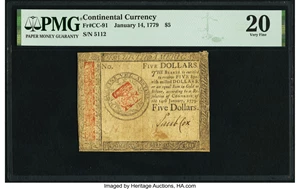 image for: Continental Currency January 14, 1779 $5 PMG Very Fine 20....