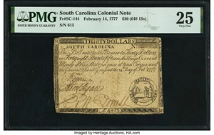 image for: South Carolina February 14, 1777 $30 PMG Very Fine 25....
