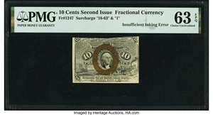 image for: Insufficient Inking Error Fr. 1247 10¢ Second Issue PMG Choice Uncirculated 63 EPQ....